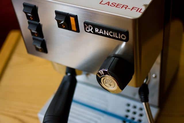 The Rancilio Silvia espresso machine, showcasing its durable commercial-grade construction and powerful steam wand